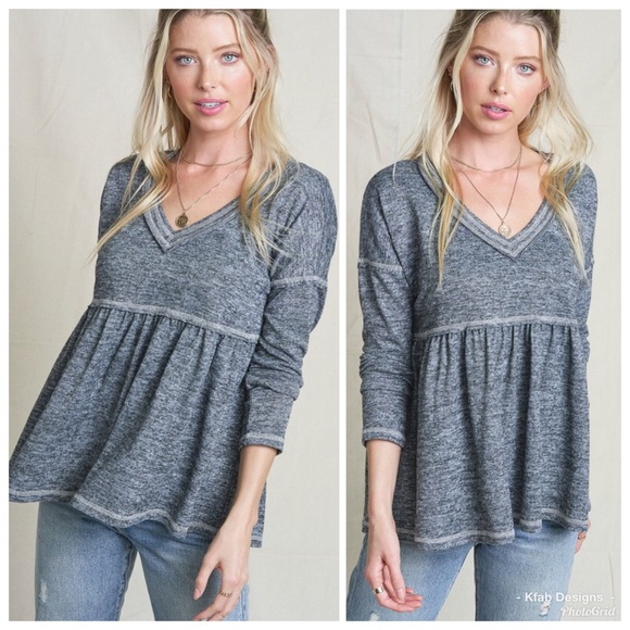 ❤️LAST 2! V Neck Raw Edge Stitch Soft Babydoll Tee - Picture 5 of 8